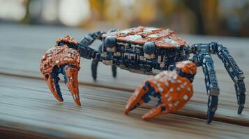 Robotic crab figurine on a wooden surface photo