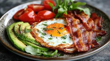 Scrumptious breakfast plate with fried egg, bacon, avocado, and cherry tomatoes photo