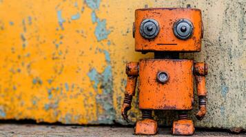 Rusty orange robot figurine against a weathered wall photo