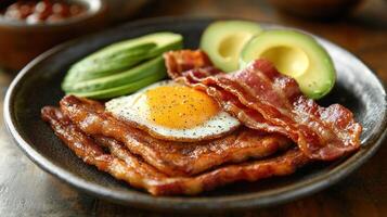 Savory breakfast plate with bacon, fried egg, and avocado slices photo