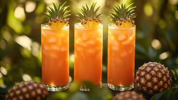 Refreshing tropical drinks with pineapple garnish. Three tall glasses of vibrant orange juice cocktail photo