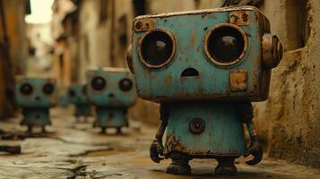 Rusty blue robot in an alleyway photo