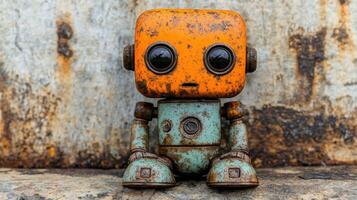 Rusty orange robot figurine sits on weathered metal photo