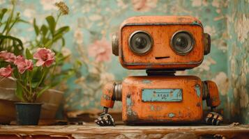 Rusty orange robot sits on a wooden shelf among flowers photo