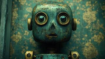 Rusty antique robot head, expressive eyes, vintage aesthetic photo