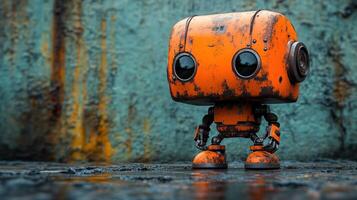 Rusty orange robot, standing, futuristic, small, detailed photo