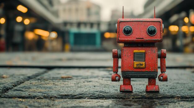Rusty red robot in urban setting photo