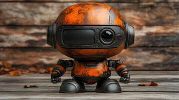 Rusty orange robot figurine on wooden background photo