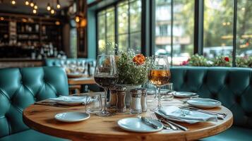 Restaurant table setting, cozy ambiance photo