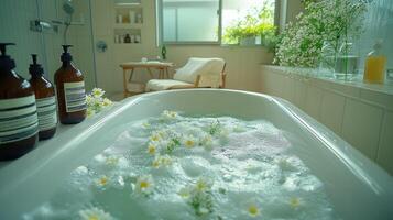 Relaxing spa bath with flowers photo