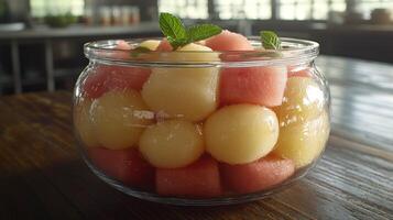 Refreshing melon balls with watermelon cubes in a glass bowl photo
