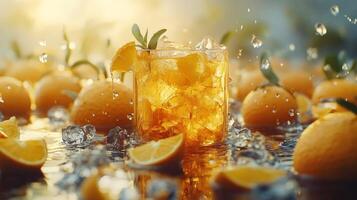 Refreshing iced tea drink with oranges photo