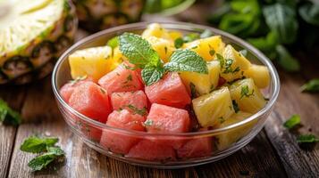 Refreshing diced pineapple and watermelon salad with mint photo