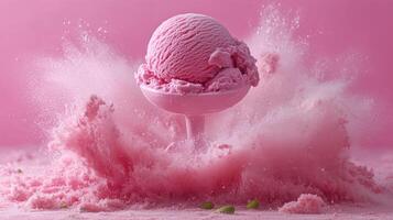 Pink ice cream scoop exploding in a cloud of powder photo