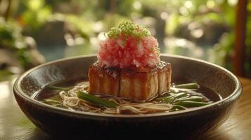 Pork belly noodle dish with garnish photo