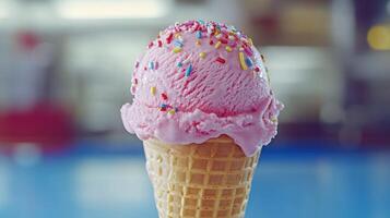 Pink ice cream sundae in waffle cone photo