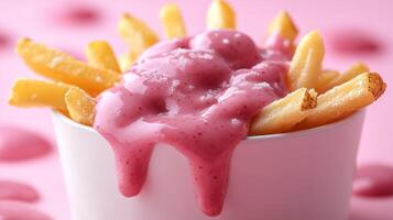 Pink sauce-drizzled French fries photo