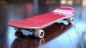 Red skateboard on wooden floor photo