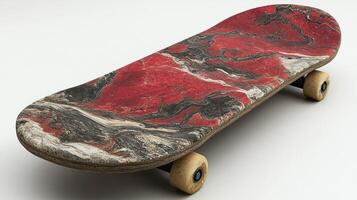 Red and black marble patterned skateboard photo