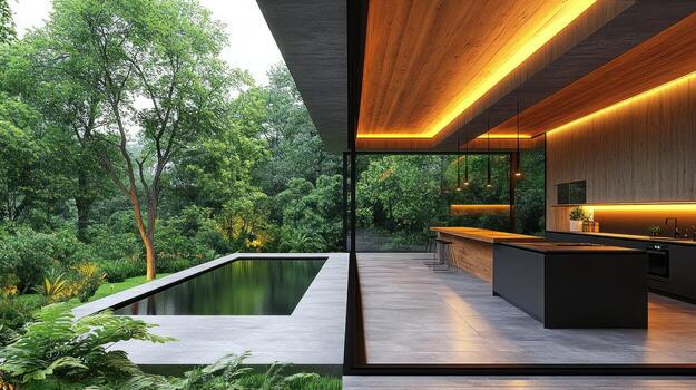 Modern open-plan kitchen with pool and forest views photo