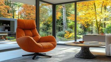 Modern orange armchair in a stylish living room with autumn views photo