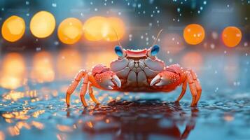 Orange crab in rain, city lights photo