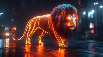 Neon lion in a rainy city photo
