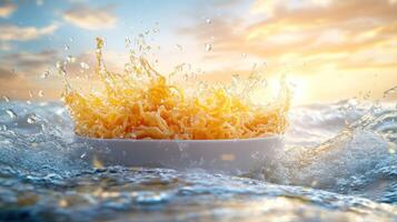 Noodles splash in ocean sunset photo