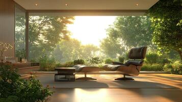 Modern living room with panoramic garden view photo