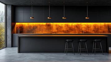 Modern, dark kitchen with orange accents photo