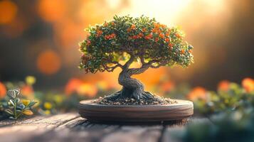Miniature bonsai tree bathed in golden sunlight photo