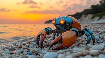 Metallic crab robot on beach at sunset photo