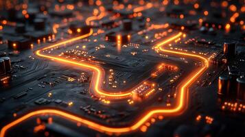 Intricate circuit board glowing with orange lines photo