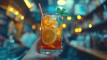 Iced tea drink with lemon and mint photo