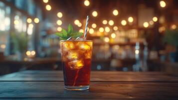 Iced drink with mint garnish on a wooden bar photo