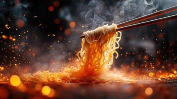 Hot, steaming noodles with chopsticks photo