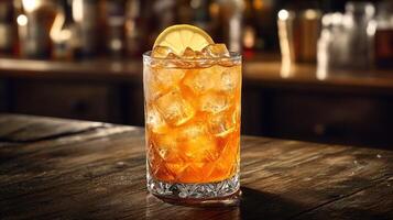 Ice-cold amber tea with lemon garnish photo