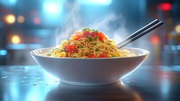 Hot, steaming noodles in a bowl photo