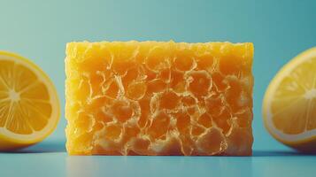 Honeycomb block with lemon slices photo