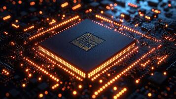 High-tech processor on circuit board glow photo