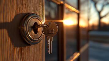 Home key in lock, golden hour photo