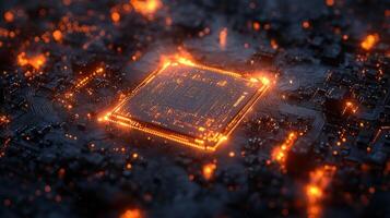 High-tech computer chip glowing intensely photo