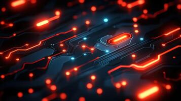 High-tech circuit board with glowing red and blue lights photo