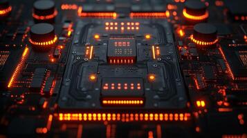 High-tech circuit board with glowing components rev three photo