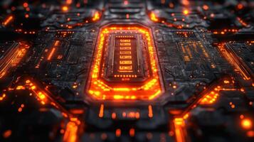 High-tech circuit board with glowing orange components photo