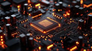 High-tech circuit board with glowing processor ver four photo