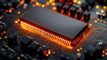 High-tech circuit board with glowing chip photo