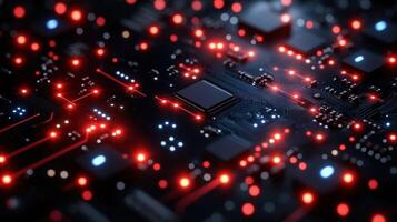 High-tech circuit board illuminated with glowing red and blue lights photo