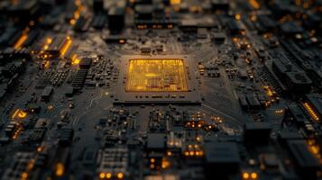 High-tech circuit board with glowing chip processor photo
