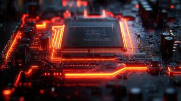 High-tech circuit board close-up chip glowing photo